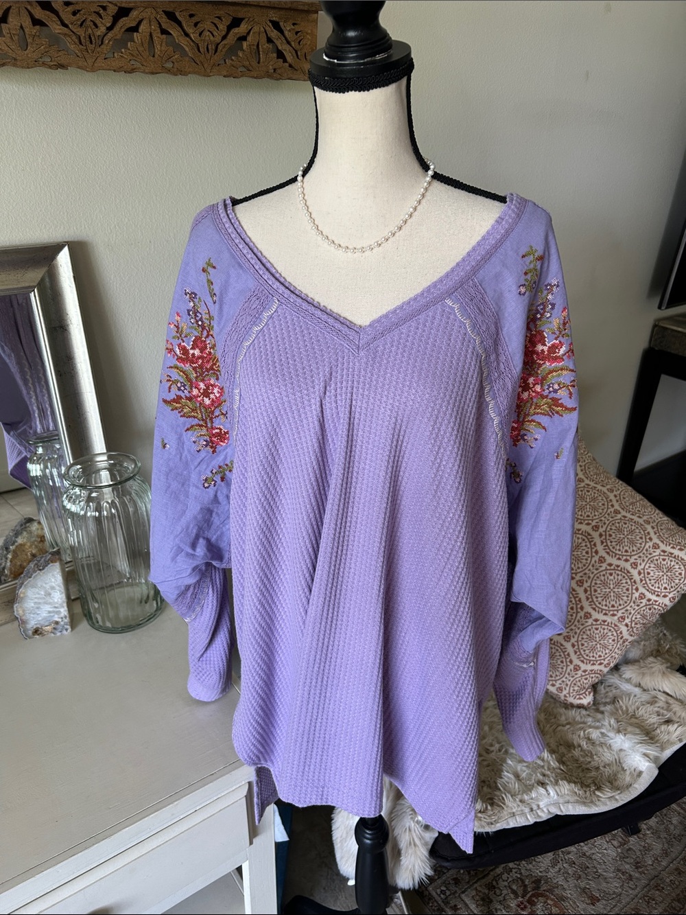 Natural life Maisie lilac Oversized waffle knit Embroidered Thermal Top L XL